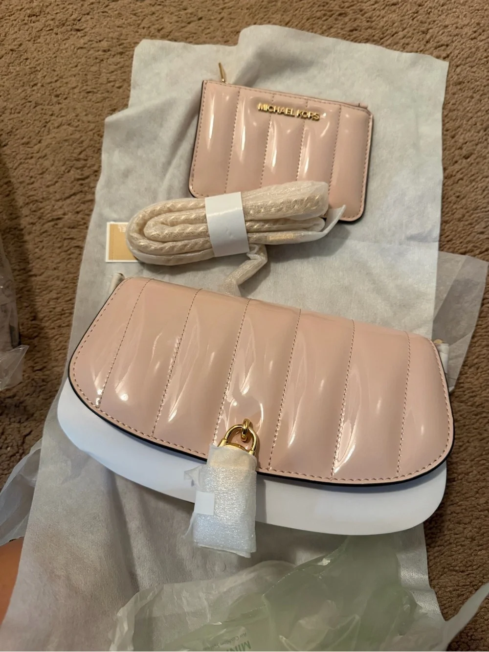 Michael Kors Pink Patent Quilted Crossbody with Gold Logo Charm
